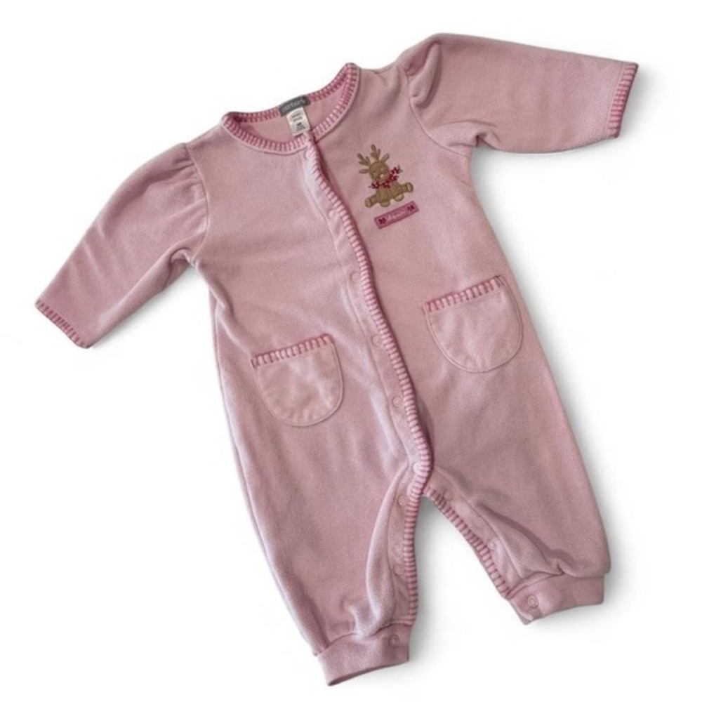 Vintage Carters Pink Fleece Reindeer Embroidered Baby Sleeper Romper Holiday